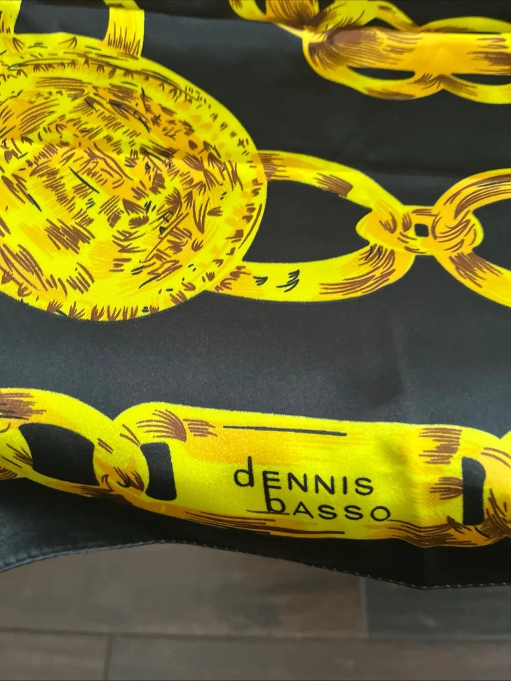 dennis basso Black and Yellow Chain Motif Silk Scarf